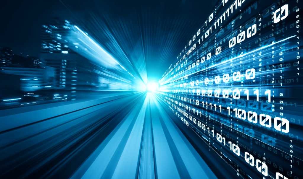 Digital data flow on road with motion blur to create vision of fast speed transfer . Concept of future digital transformation , disruptive innovation and agile business methodology .